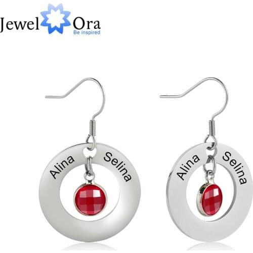 JewelOra Personalized Stainless Steel Circle Earrings with 2 Birthstones Customize Engraved Name Dangle Drop Earrings for Women