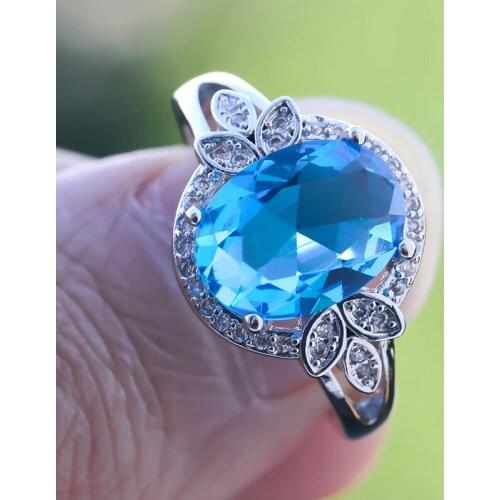 Exquisite Geometric Blue CZ Stone Rings for Women Rhinestone Leaves Wedding Engagement Party Rings Jewelry Girlfriend Gift