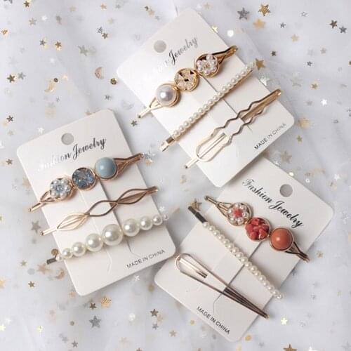 3 PCS Korea Fashion Women Metal Hairpins Imitation Pearl Colorful Beads Hair Clips Irregular Geometric Hair Styling Accessories