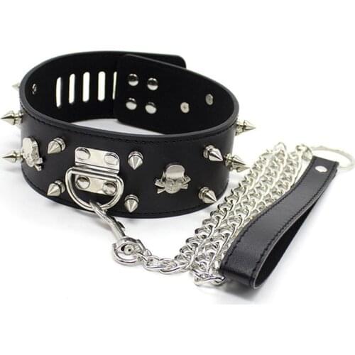 Spiked leather neck collar with chain leash adult games erotic bdsm bondage restraints slave collar sex toys for women couples