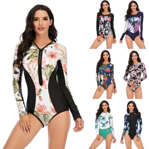 2020 New Women Swimsuit UV Sun Protection Long Sleeve Rash Guard Zipper Swimwear Printed Surfing Suit Rash Guards Bathing Suit