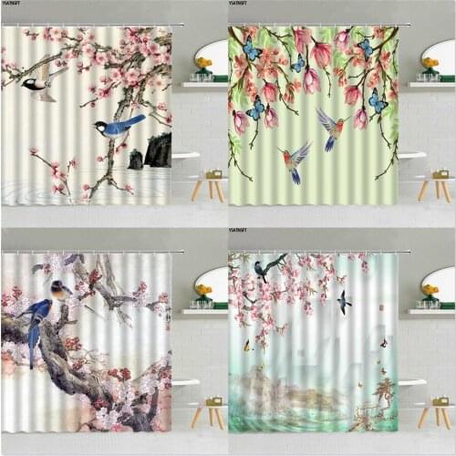 Chinese Style Landscape Shower Curtain Plum Blossom Bird Flower Butterfly Fabric Bathroom Supplies Cloth Curtains Set With Hooks