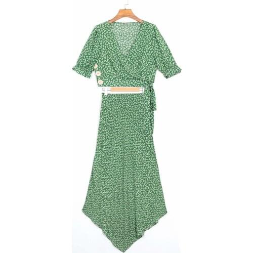 Summer beach floral green set women v neck short sleeve crop top elastic high waist long asymmetrical skirt blouse set women