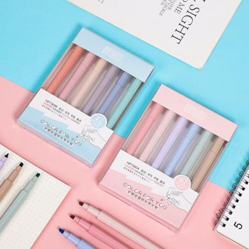 6Pcs/Set Soft Tip Highlighter Fresh Colors Fluorescent Marker Pen DIY Journal Writing Supplies Kawaii Japanese School Stationery