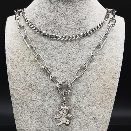 2021 Punk Stainless Steel layered necklace Women Silver Color Bear Necklace Jewelry acero inoxidable joyeria mujer N19170