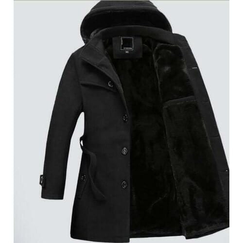 Mens Thick Wool Hooded Button Warm Parka Mid Long Belt Overcoat Winter Coat Outwear Plus Size Thick