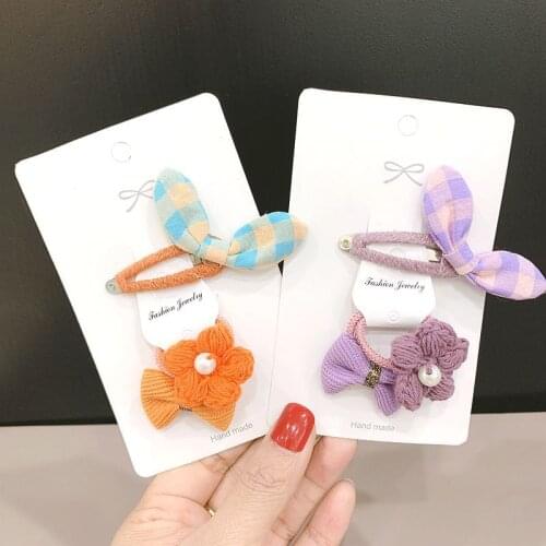 6pcs Kid Hair Accessories Set Plaid Bunny Ear Hair Clips for Girls Child Knitting Flower Hair Ties Bows Elastic Hair Bands Rings