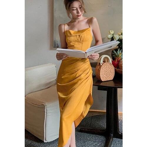 Irregular Ruched Satin Summer Dress Spaghetti Straps Cowl Neck Backless Long Dresses for Women Party Sexy Vestidos 2020