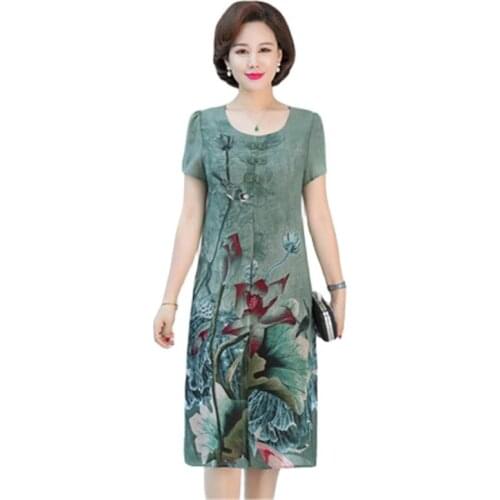 2020 New Chiffon Dress Women Summer vintage Female Large Size Middle-aged Loose Print Flower Green Dresses Vestidos V706