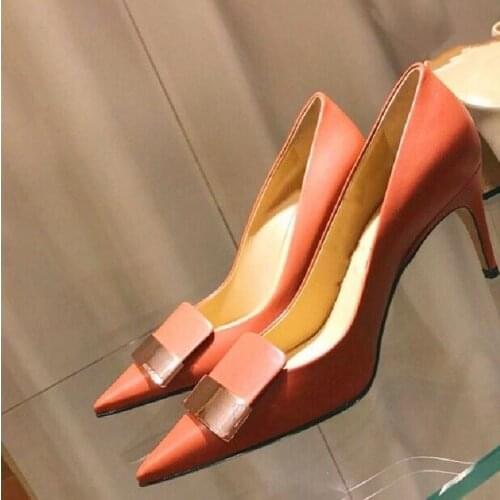 Orange Leather Women High Heel Shoes Pointed Toe Metal Decoration Woman Pumps Sexy Office Lady Stiletto Heels Women Formale Shoe