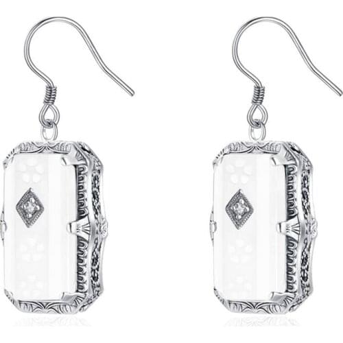 Szjinao Real 925 Sterling Silver Earrings For Women Unique Long Drop Earrings Gemstone Korean Hook Rectangle Silver 925 Jewelry