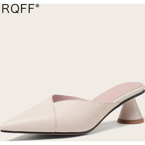 Slippers Womens Summer Mules Sexy Med Heels Slides Handmade Plus Size 42 43 44 45 46 Genuine Cow Leather Pointed Toe Elegant TPR