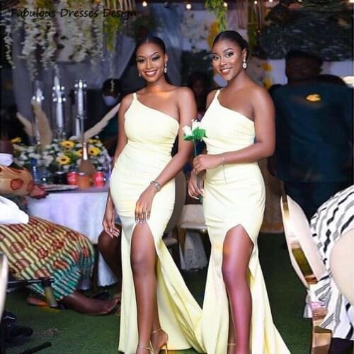 Light Yellow African Mermaid Bridesmaid Dresses 2021 Long One Shoulder Wedding Party Dress With Split Vestido De Fiesta De Boda