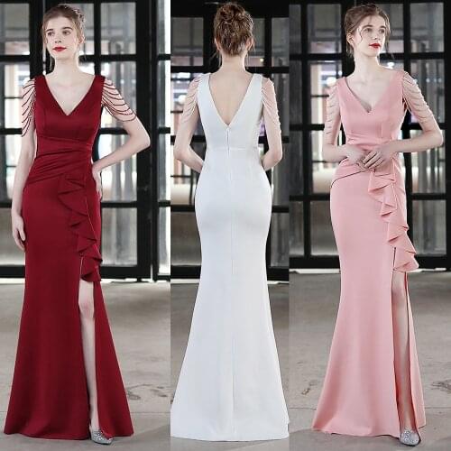 Tassels Sleeveless Formal Evening Dress Double V Neck Mermaid Women Party Gowns Tafftla Ruffle Floor Length Vestido