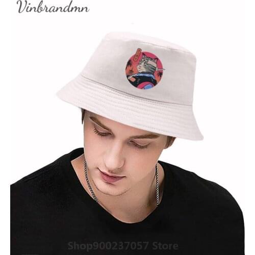 Funny Cute Cartoon Custom Samurai Cat Panama Bucket Hat 100% Cotton Japanese Anime Game Cat Lovers Gift Fisherman Hat