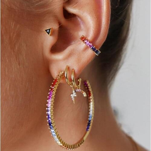 2021 New Ladies Fashion Simple C Shape Big Hoop Earrings Rainbow Crystal Huggie Earrings Womens Party Dating Jewelry 4 Pcs/set
