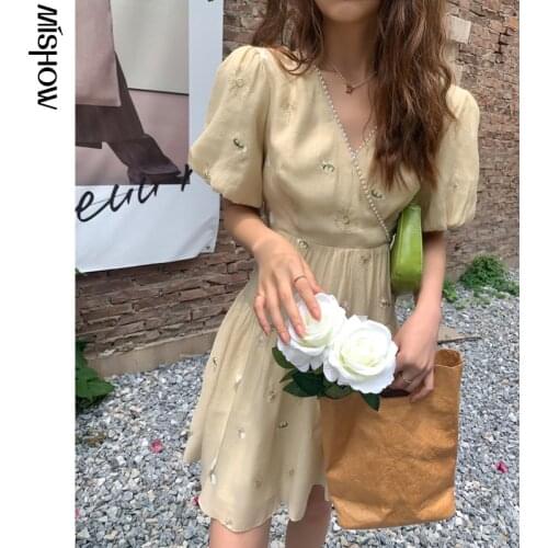 MISHOW Dresses For Women 2021 Puff Sleeve Elegant Vintage High Wiast Dresses Summer Dress Clothing Female Vestidos MXA23L0094
