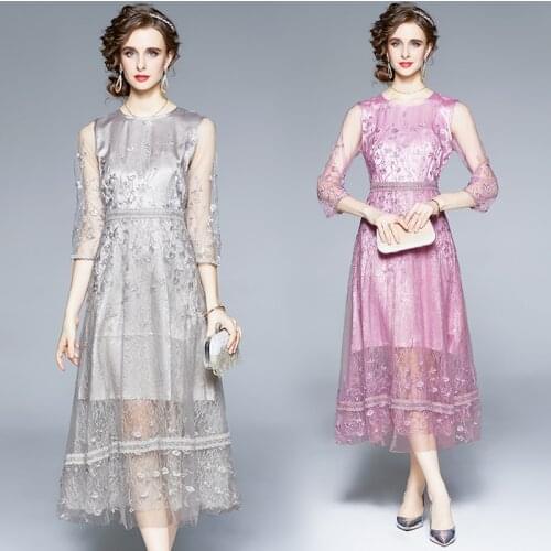 Womens 3/4 Sleeve O Neck Solid Lace Flowers Embroidery A Line Vintage Evening Vestidos Autumn Elegant Mesh Party Dress 6756