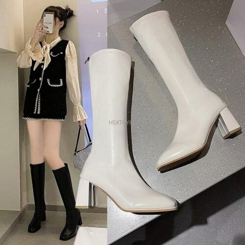 2022 Winter Shoes Womens Mid Calf Boots Round Toe Boots-Women Sexy Ladies Low Rubber Women Shoes Womens Knee-high Boots