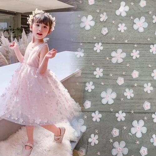 White, Pink, Blue And Green Soft 3d Plum Flowers Embroidery Lace Mesh Fabric For Dress Shirts, By The Yard