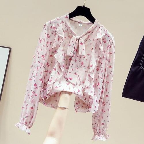 Blouse Women Long Sleeve Ruffles Pink Print Chiffon Blouse Shirt Tops Women Blusa Blusas Mujer De Moda 2021 Women Clothing D904