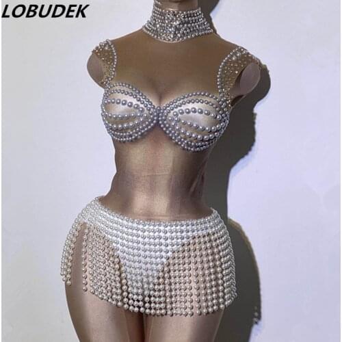 White Pearls Tassel Sleeveless Bodysuit Stage Wear Lady DJ Singer Bar Sexy Costume Club Party Dancer Beading Fringes Bodysuits