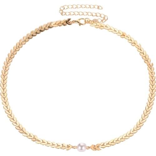 Simple Simulated Pearl Golden Fishbone Shape Alloy Choker Collarbone Chain Necklace Fashion Womens Accessories