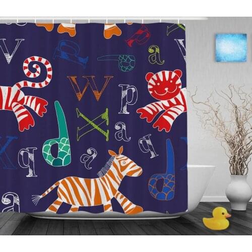Kawaii Zebra Tiger With Letters Kids Shower Cutains Animals Decor Baby Bathroom Curtains Polyester Waterproof Fabric With Hooks