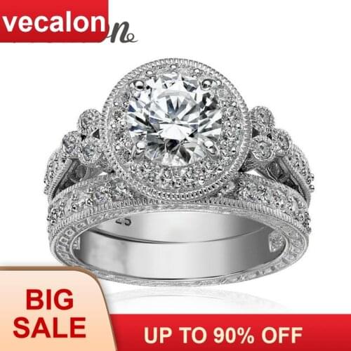 Vecalon Antique Jewelry Flower Women ring Round cut 2ct AAAAA Zircon Cz 925 Sterling Silver Female wedding Band ring Set