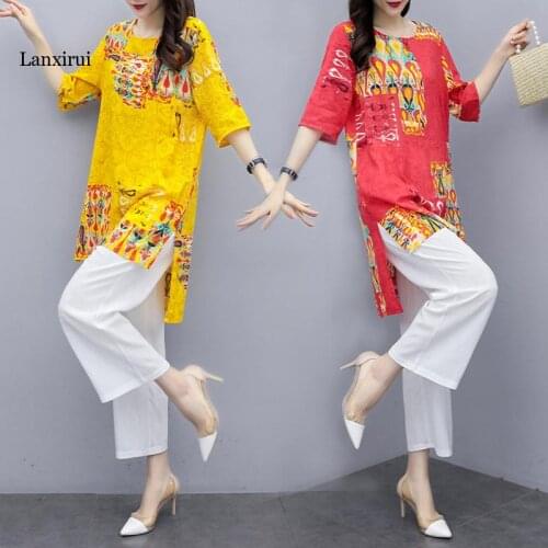 Summer New Womens Two-piece Printed Set Loose Shirt and White Pants Fashion Casual Large Size Wide-leg Pants Suit