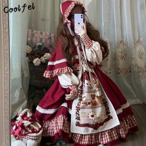 COOLFEL Cute Womens Lolita Dress Japanese Long Sleeves Doll Dress Fairy Women Princess Dress Cosplay Costume
