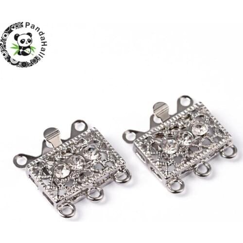 50Sets 18x17x7mm multi-strand box clasps jewelry findings accessories, Metal plated clasps with a clear rhinestone, brass