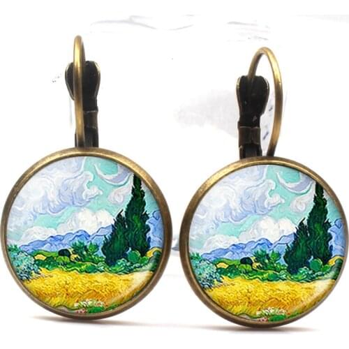 Fashion Van Gogh Art Painting Series Earrings Van Gogh Starry Night Crystal Glass Ear Hanging Round Men and Women Summer Gifts