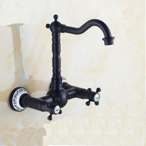 Uythner Wall Mount Oil Rubbed Bronze Dual Handles Ceramic Base Bathroom Sink Faucet Tap
