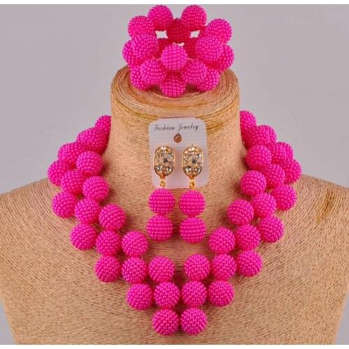 Fuchsia Pink Costume Necklace African Set Heart-shaped Nigerian Beads Jewelry Set for Women FZZ108