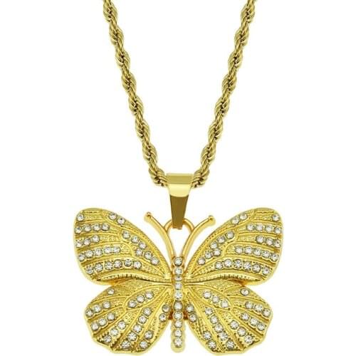 Hip Hop Rhinestones Paved Bling Iced Out Butterfly Pendants Necklace for Men Rapper Jewelry Drop Shipping