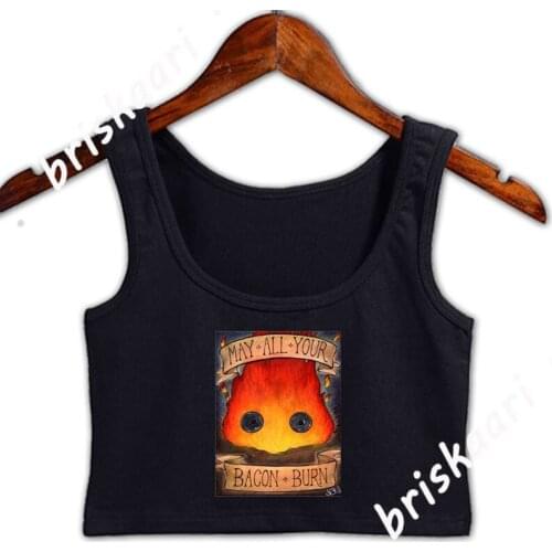 Studio Ghilbi Illustration Calcifer 3 Crop Top Women Summer Tops Vintage Customize Letters Round Collar For Women Sunlight Vest