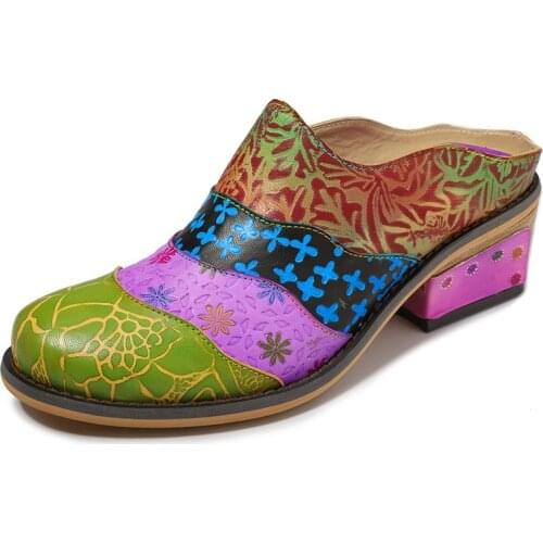 Vintage Bohemian Women Slippers Bohemian Breathable PrintingLow Heel Printed Genuine Leather Square heel 4CM Women Shoes