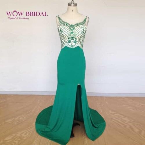 Wowbrial Graceful Green Long Evening Dress 2015 O-Neck Green Crystal Beaded Illusion Back Taffeta High Split Mermaid Event Dress