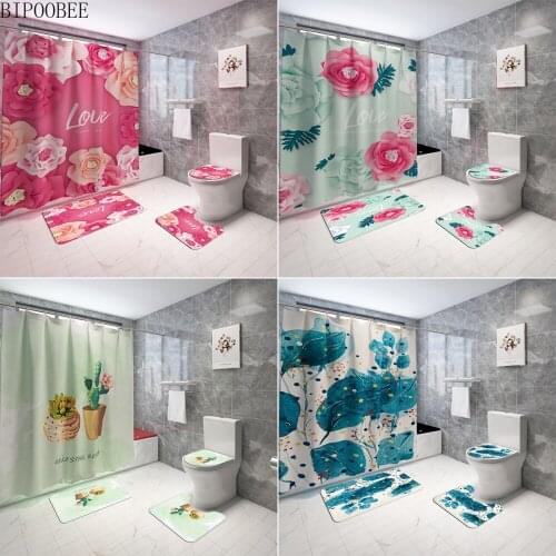 Cactus Flowers Plant Printed Shower Curtain Bathroom Curtains Pedestal Non Slip Carpet Toilet Lid Cover Bath Mats Home Decor