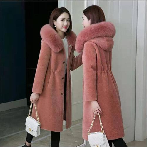 Woman 2021 Wool Soft Button Turn Down Collar Jackets Female Real Fur Pocket Patch Coats Ladies Thickened Hooded Overcoat Q215