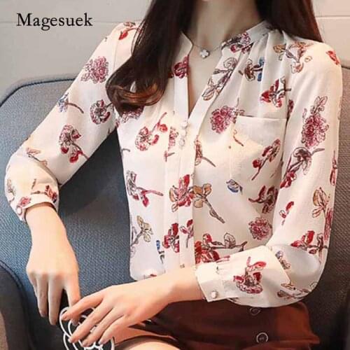 2020 Autumn Long Sleeve Womens Blouses Print Chiffon Tops Fashion V-Neck Tops Women Office Lady Shirt Blusas Mujer Z0001 40
