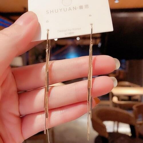 Karopel Korean Strip Tassel Earrings Lady Long Style Wild Face Thin Two-wear Pin Earrings Exquisite Elegant Fashion Drop Earring