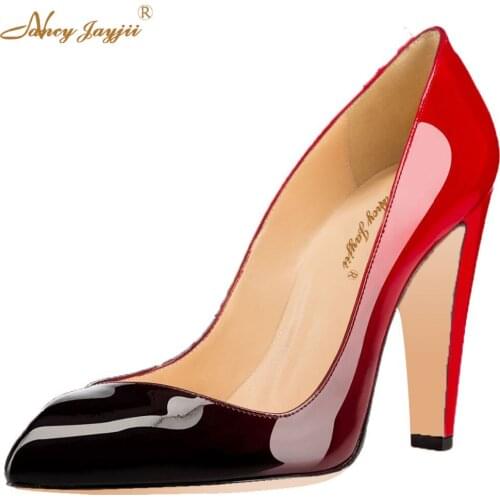 Red Black Gradient Patent Leather Womens Sexy Pointed Toe High Thick Heels Pumps Slip-On Causal Women Shoes Size 11 Nancyjayjii