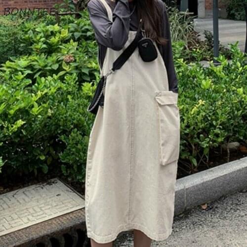Dresses Womens Square Collar Sleeveless Solid All-match Daily Empire Leisure Loose Vintage Korean Style Ladies Vestidos Autumn