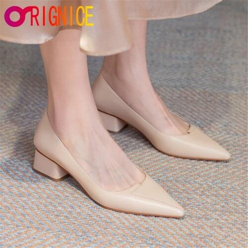 Orignice Fashion Pointed Toe Women Full Genuine Leather Pumps Slip On Low Thick Heels Office Career Shoes Size 34-40 Handmade