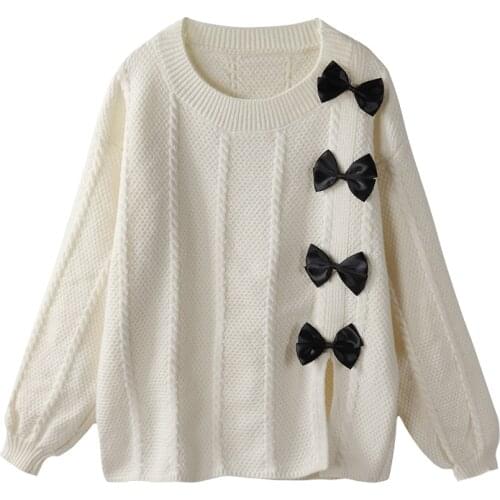 Korean Fashion Women Knitted Sweater 2021 Lolita Kawaii Vintage Jumper Female Cute Bow Red Pullovers Long Sleeve White Knitwear