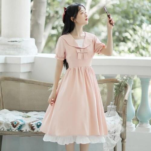 Japanese Lovely Dress Female Summer Bow Chic Cute Peter pan Collar Vestidos Sweet Cute Dress Pink Lolita Dresses