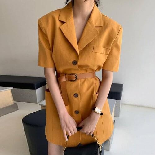 Korean Temperament Orange Suit Collar Pocket Single Breasted Dress with Belt Fashion Khaki Above Knee Mini Dress Female 2020 New