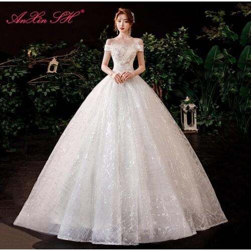 AnXin SH princess flower lace white party vintage sparkly beading crystal boat neck ball gown lace up bride wedding dress